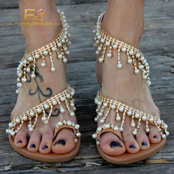 

FSJ Fashion Bohemia Beaded Summer Beach Sandals for Girls Rhinestone Pearl Fringe Flats Women Sandals Summer Shoes Large Size 16