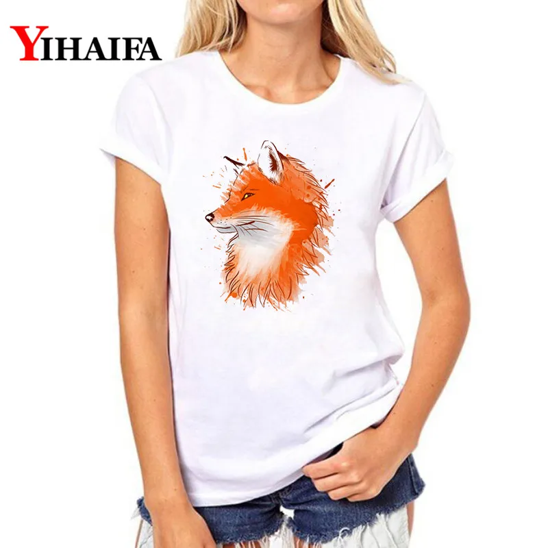 

YIHAIFA Women T-shirt Stylish Fox Printed Graphics Tee Short Sleeve Casual Summer White T Shirts suit gym Tops