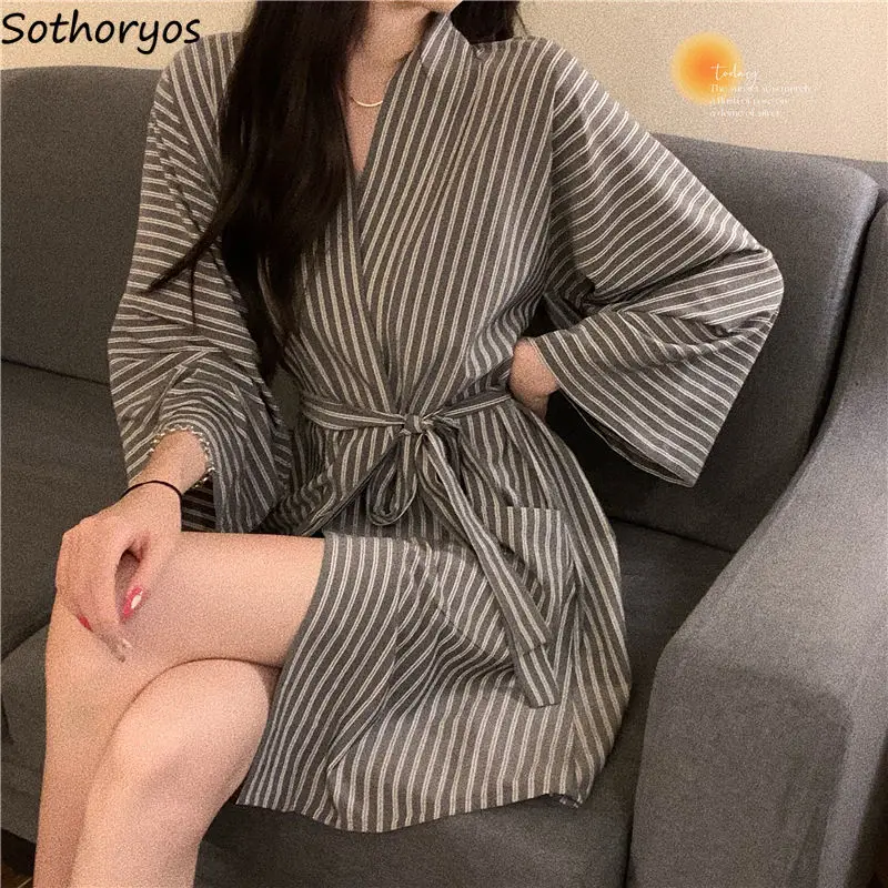 Striped Robes Women Elegant Long Loose Sleeve New Trendy Chic Ulzzang Homewear Leisure Simple Fashion Sexy Ladies Fit Popular | Женская