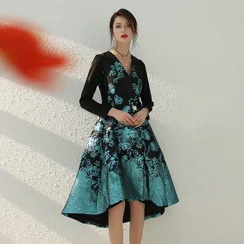 

tailor shop V-neck high-low mid-length dress slim banquet brocade dress mother of the bride dresses plus size wedding dress