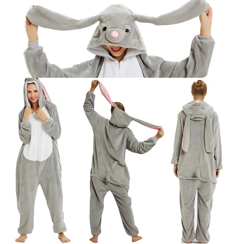 Пижамы с животными для взрослых, комплекты одежды для сна на молнии для женщин и мужчин, зимние пижамы унисекс с единорогом из мультфильма - Color: Big ear Rabbit