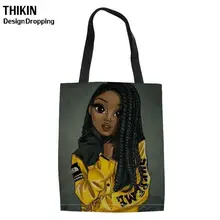 THIKIN черная художественная АФРИКАНСКАЯ ДЕВУШКА Печать Холст Tote для женщин Складная хозяйственная сумка для рециркулирования дамы шоппер хранения Эко сумка