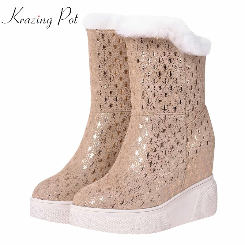 

krazing pot cow suede prints leather wedge platform increasing snow boots keep warm extreme high heels fairy mid-calf boots l23