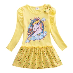 Para meninas vestido de manga longa crianças primavera outono roupas crianças borboleta unicórnio impressão arco íris manga algodão vestidos casuais