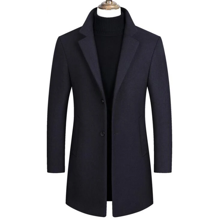 Зимняя высококачественная Мужская шерстяная куртка Повседневная ветровка мужская длинная хлопковая куртка с воротником тонкий воротник шерстяное пальто теплая куртка - Color: 901 dark blue
