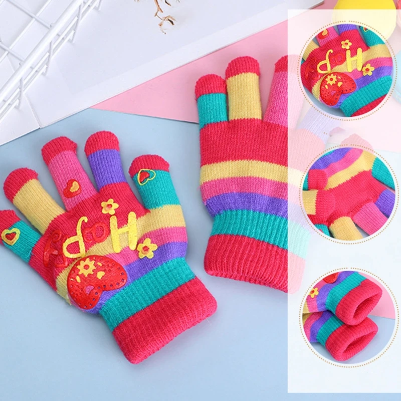 

Rainbow Colorful Letters Heart Print Mittens Kids Winter Stretch Knitted Full Finger Gloves Windproof Plush Lined Hand Warmer