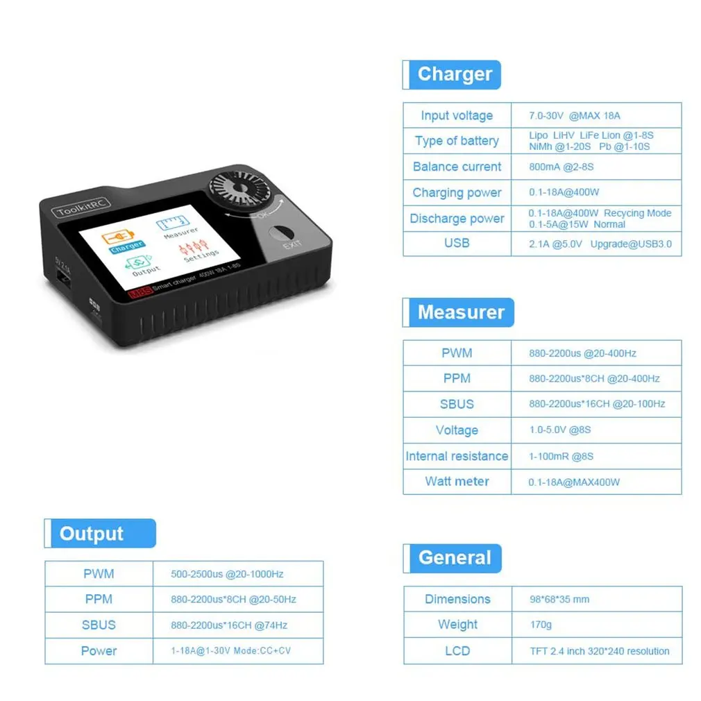 ToolkitRC M8S мини батарея баланс зарядное устройство разрядка с цветным экраном 400 Вт 18A DC выход для 1-8S Lipo LiHV Life Lion NiMh Pb
