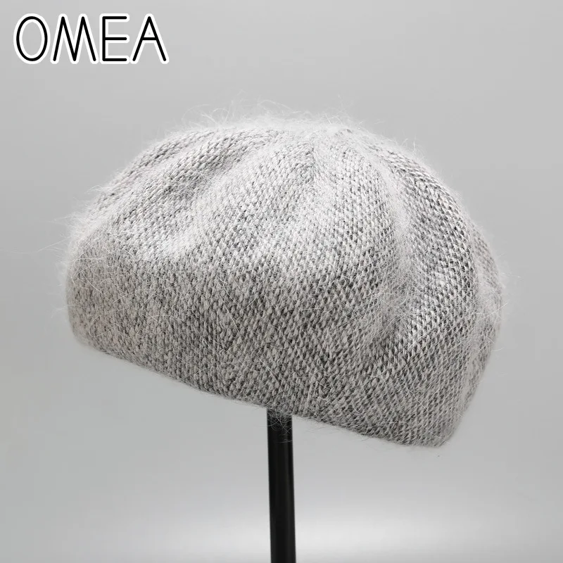 OMEA, шапка из ангорской кроличьей шерсти, зимние вязаные женские береты, шапка, одноцветные французские шапки-береты, шапки для женщин, теплая шапка, берет