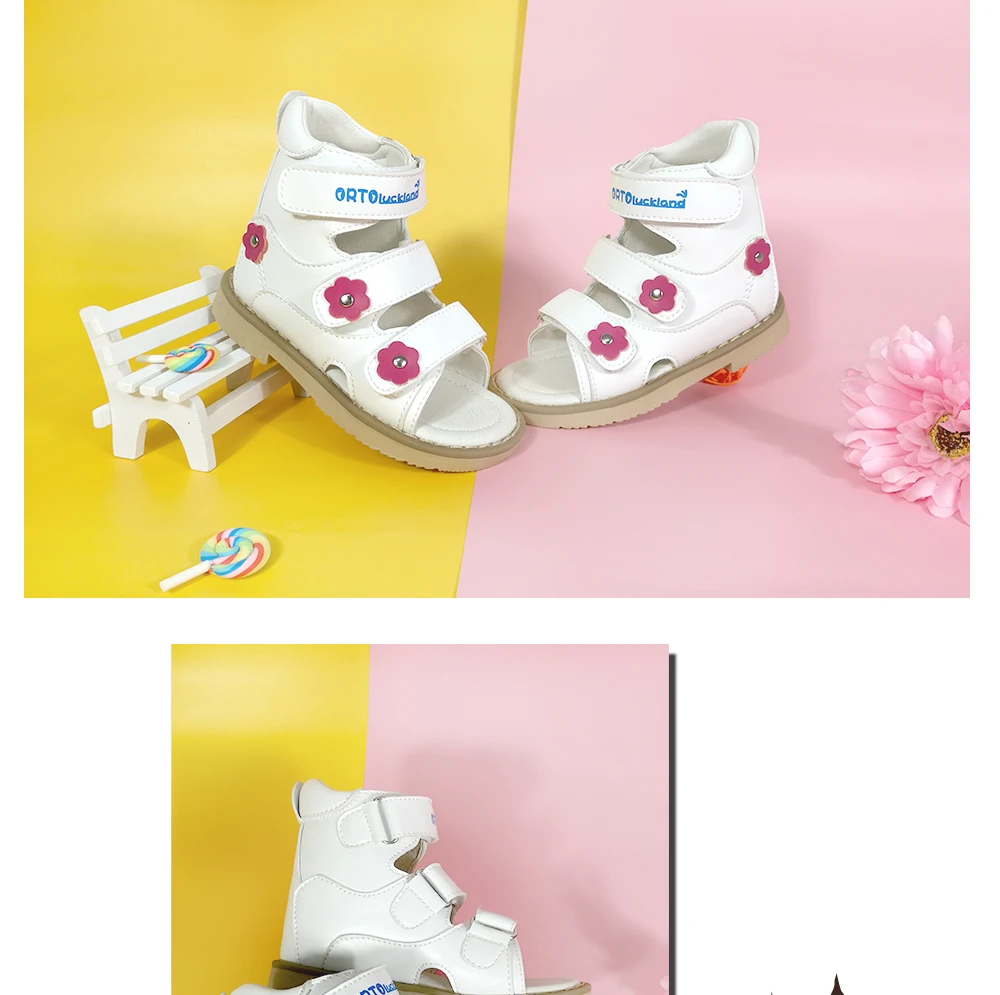 Kids Girls High-top Corrective Shoes White Genuine Leather Orthopedic Sandals with Lovely Flower Spring Summer Shoes for Health