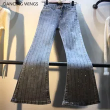 Горячая Распродажа, женские джинсы, горячая Распродажа, полосатые Стрейчевые джинсовые расклешенные брюки с высокой талией, элегантные женские брюки