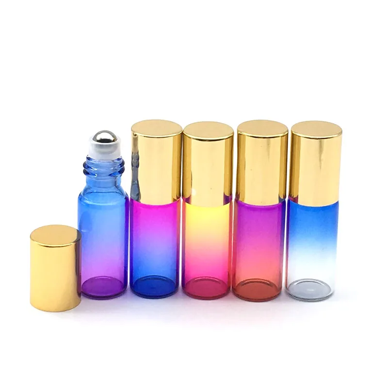 

1000pcs Empty 5ml Gradient Color Glass Roller Bottle Perfume Essential Oil Sample Test Roll-On Glass Vial with Gold cap