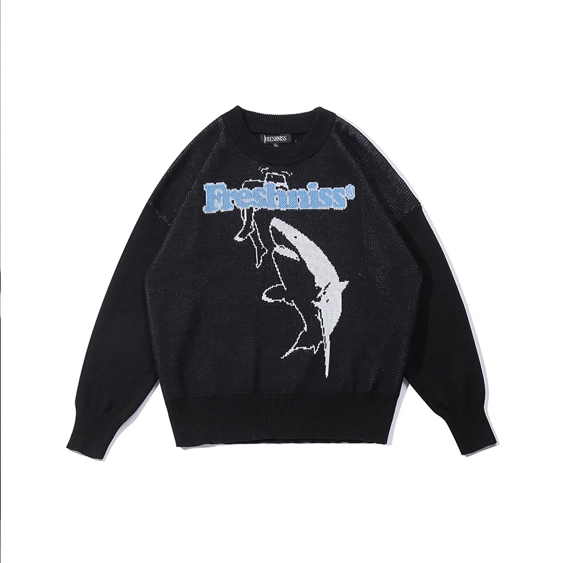 black sweaters Винтажные уличные мужские свитера в стиле хип-хоп Харадзюку с принтом акулы, пуловер с круглым вырезом, корейские Популярные Осенние новые парные дизайнерские свитера - Цвет: black sweaters