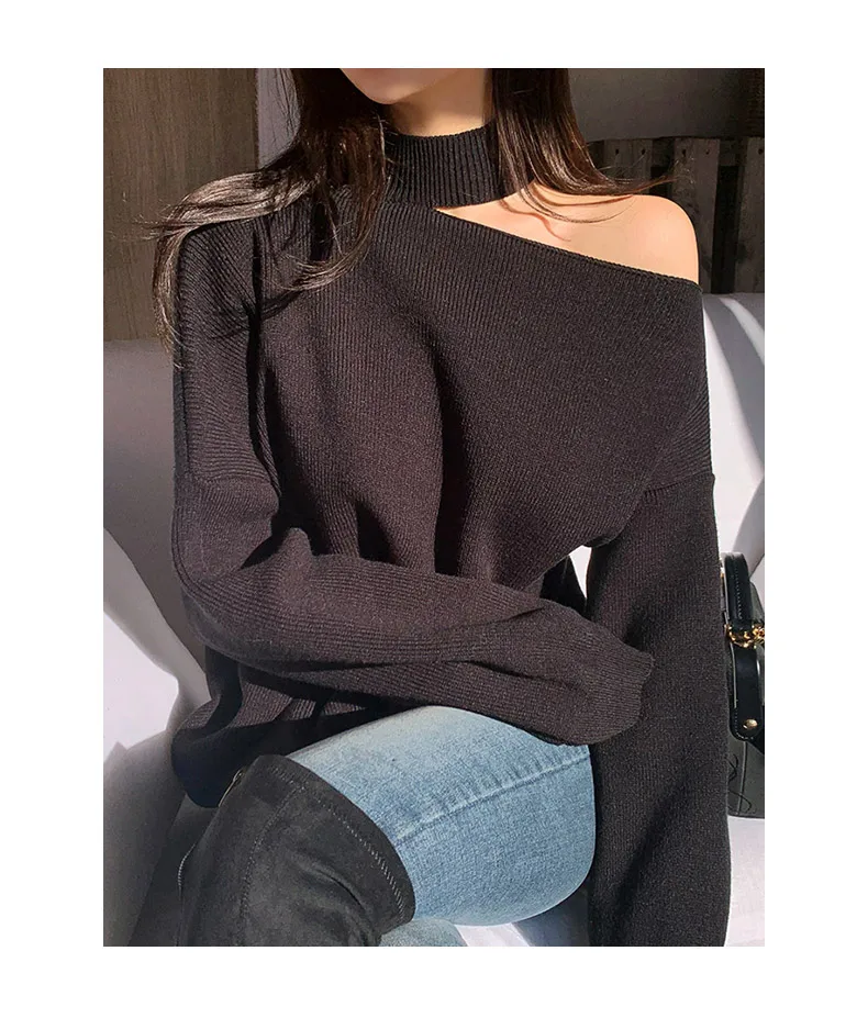 Autumn New Women's Hanging Neck Pullovers Sweater Knitting Bare Shoulder Irregular Fashion Casual Elegant Tops T98323D