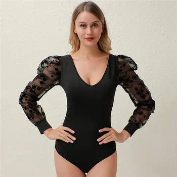 

New Lace Puff Sleeve Women's Bodysuit Autumn Long Sleeve Polka Dot Vintage Bodycon Jumpsuit Tops Skinny Mesh Bodysuits