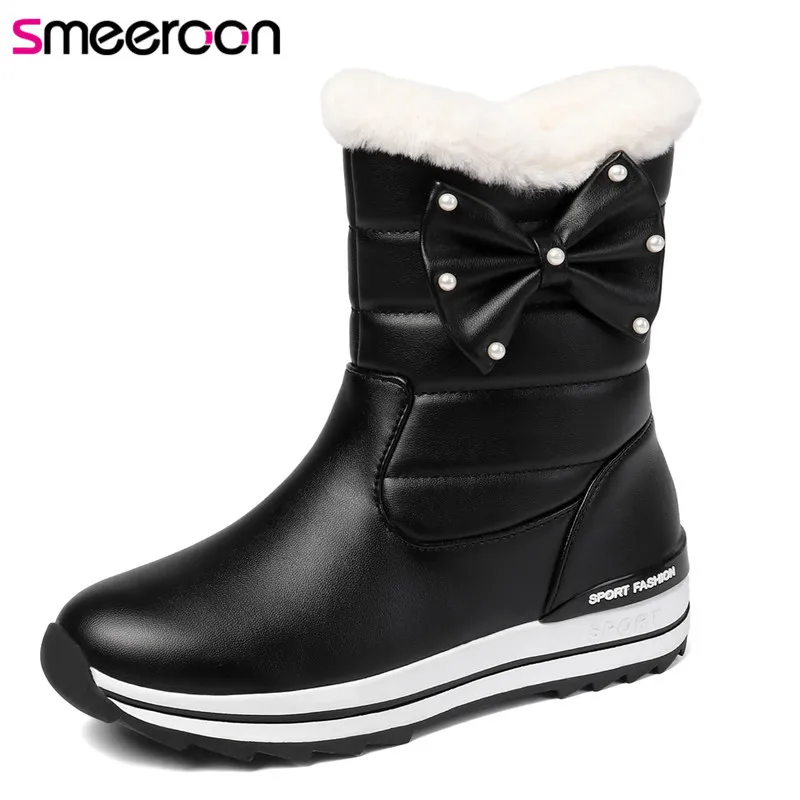 

Smeeroon new arrival women winter warm snow boots round toe dress party shoes slip on ladies ankle boots butterfly knot boots
