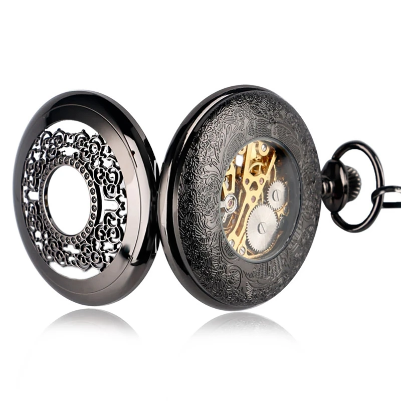 Retro Hollow Out Black Mechanical Pocket Watch Gifts Set Jewelry Box Necklace Chain Pendant Christmas Gifts for Men Women Friend