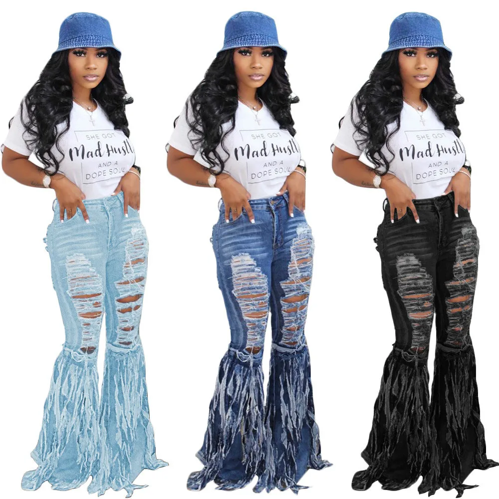 

Hollow Out Denim Pants Women Retro Solid Sexy Hole Jeans Ripped Flare Trousers Street Skinny High Waist Lady Pants