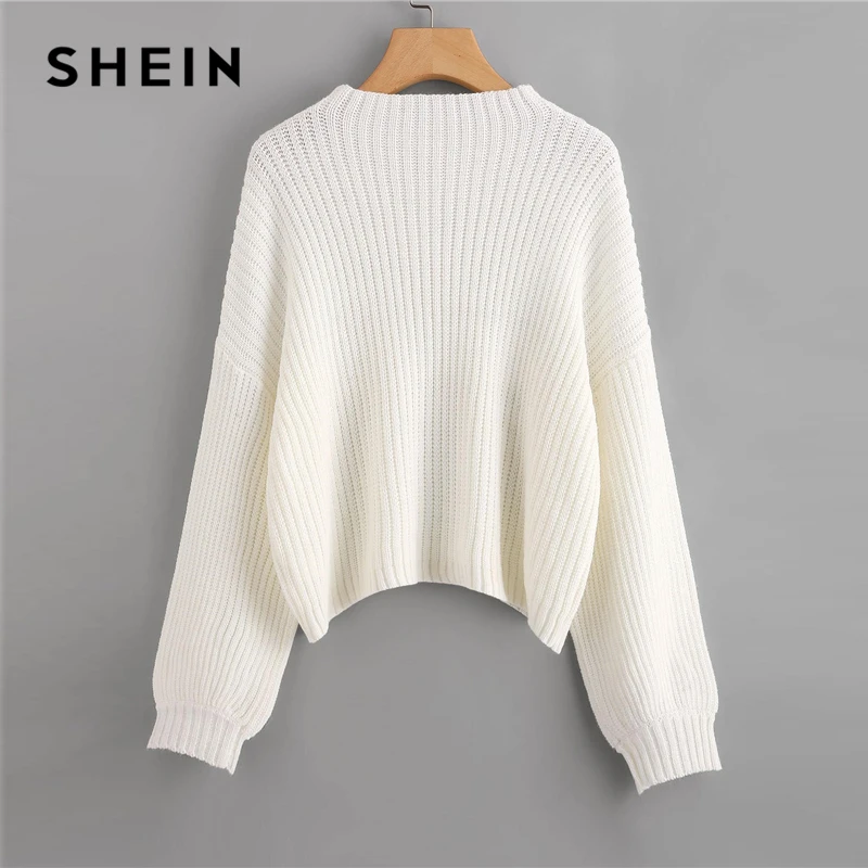SHEIN белая капля плечо фонарь рукав Свитер оверсайз сплошной Женский свитер-пуловер Зимние Повседневные свитера с высоким воротом