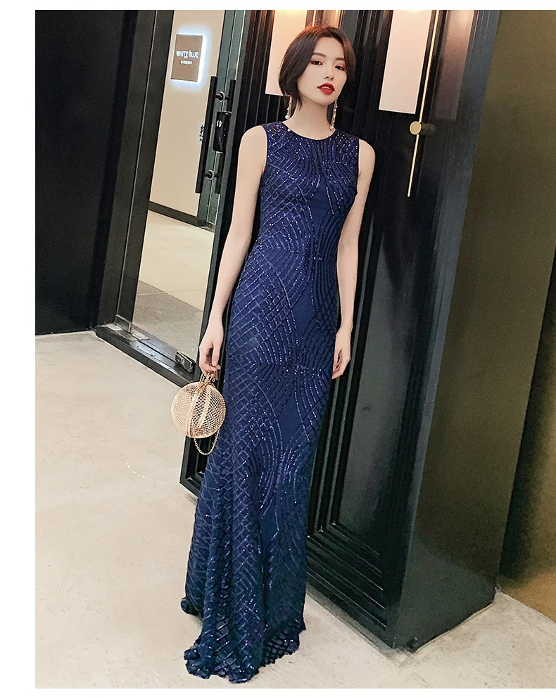 Элегантное темно-синее вечернее платье русалки с круглым вырезом без рукавов размера плюс блестящее расшитое блестками длинное вечернее платье для женщин