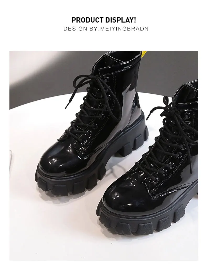 Новинка года; армейские ботинки из лакированной кожи; женские ботильоны martin на шнуровке в готическом стиле на черной платформе; женская обувь; botas Mujer