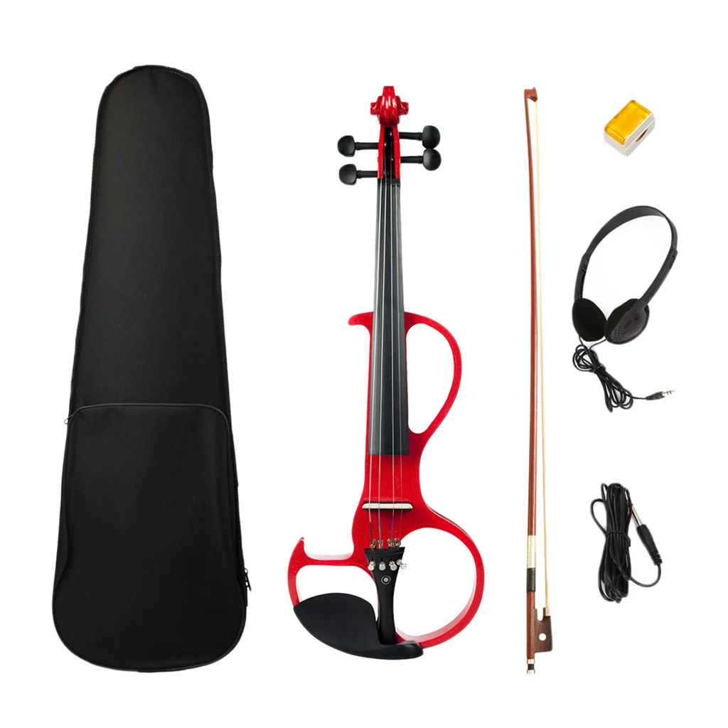 Exquisite Solidwood Electric Silent Violin Red with Rosin Bow Hard Case Headphone Cable, 4/4