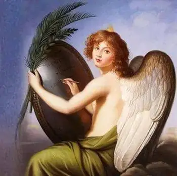 

Artist's hand painted oil painting on canvas: Archangel transmitting Bible