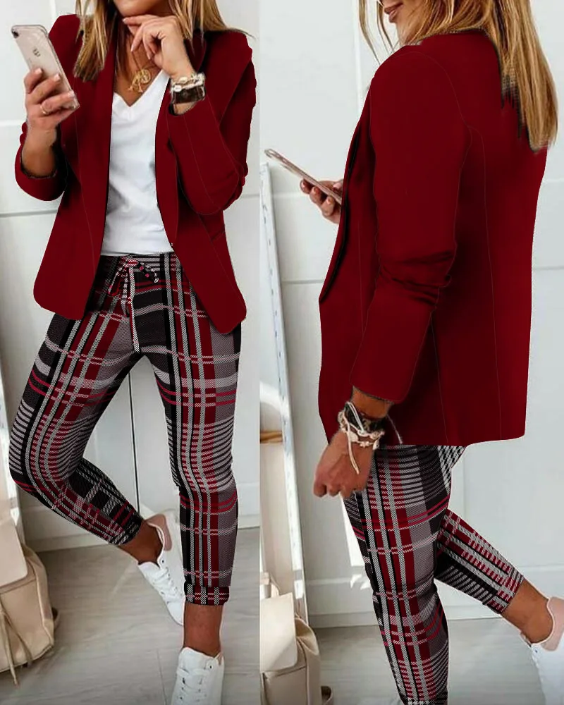 Plaid Print Blazer Coat & Drawstring Pants Set 2021 Autumn Women Casual Shawl Collar Blazer & Drawstring Plaid Pants Set women's skirt suit sets