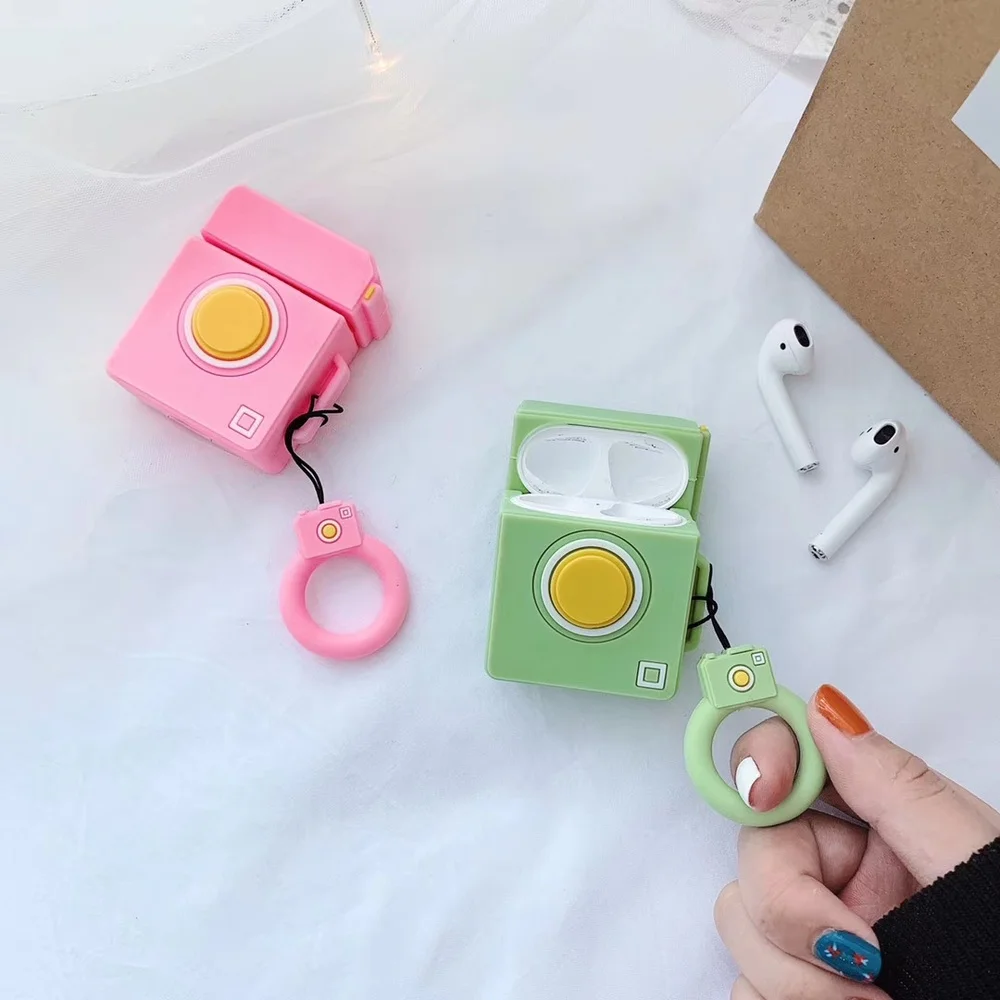 

3D Camera Earphone Case for Apple AirPods 1 2 Case Airpod Charging Box Soft Silicone Protective Stand Airpods Cover with Hook
