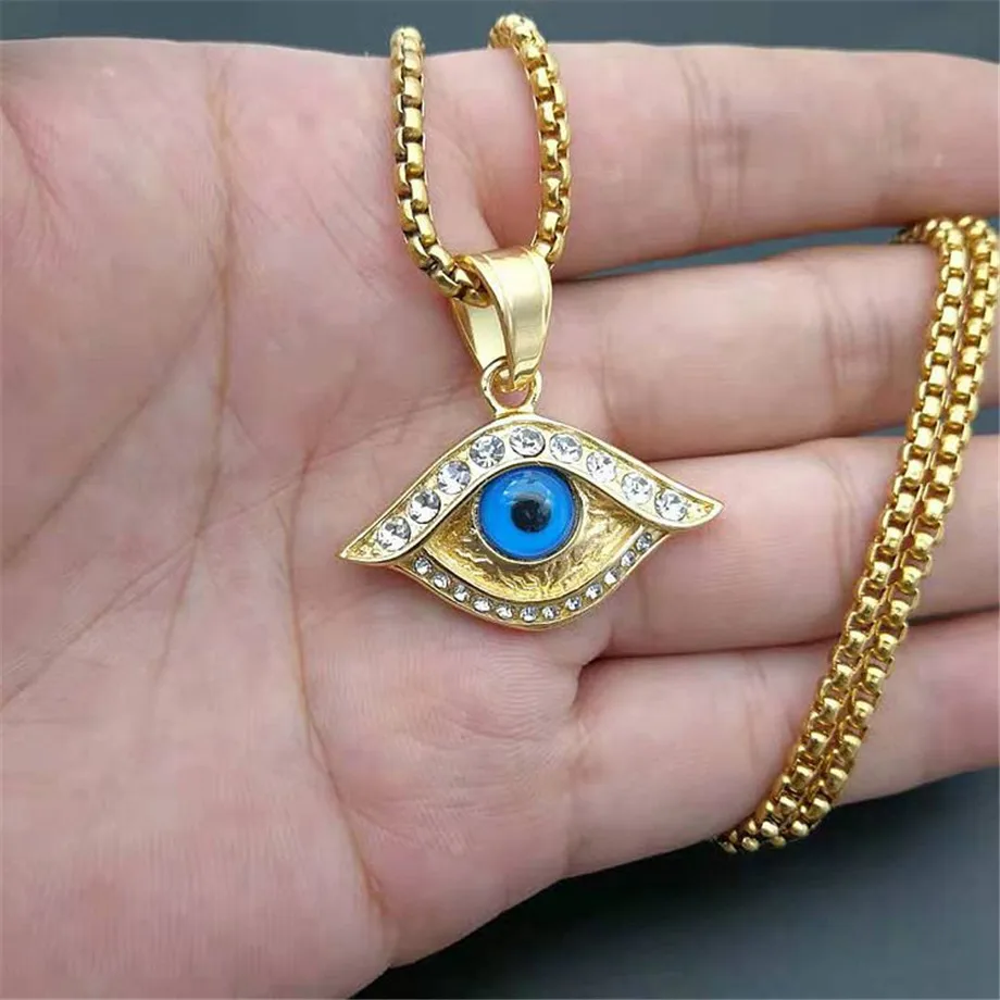 

Hip Hop Iced Out Cubic Zirconia Eye Pendant Necklace Blue Turkish Jewelry For Women's Mens Charm Amulet Gift XL1671N