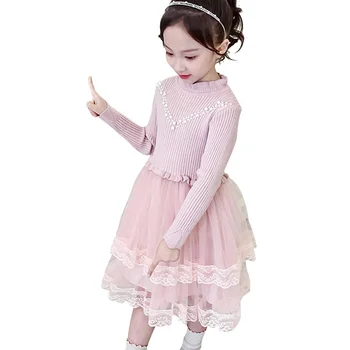 

Girl Dress Patchwork Kids Sweater Dresses For Girls lace Mesh Kids Dress Fall Fashion Beaded Dress For Girls 6 8 10 12 14 Year