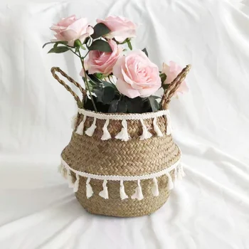 

Handmade Woven Seagrass Belly Storage Basket Tassel Flower Basket Decorative Organizer Basket For Home Decor Garden Flower Pot