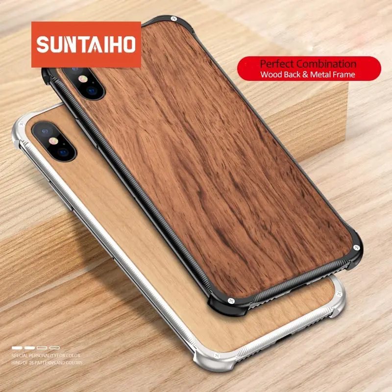 

Suntaiho Luxury Tempered Glass Case For iPhone XS Max Case X Wood Metal Frame Case For iPhone 7 plus XR for iPhone 8 plus Cover