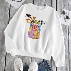 Disney princesa impressão sweatshirts feminino 2022 primavera outono nova moda branco hoodies senhoras solto pulôver topos roupas femininas