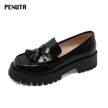 

2020 PENUTA Women Tassel Platform Shoes Genuine Leather Fashion Pumps Mid Heel Ladies Black Heels European New Designer G0094