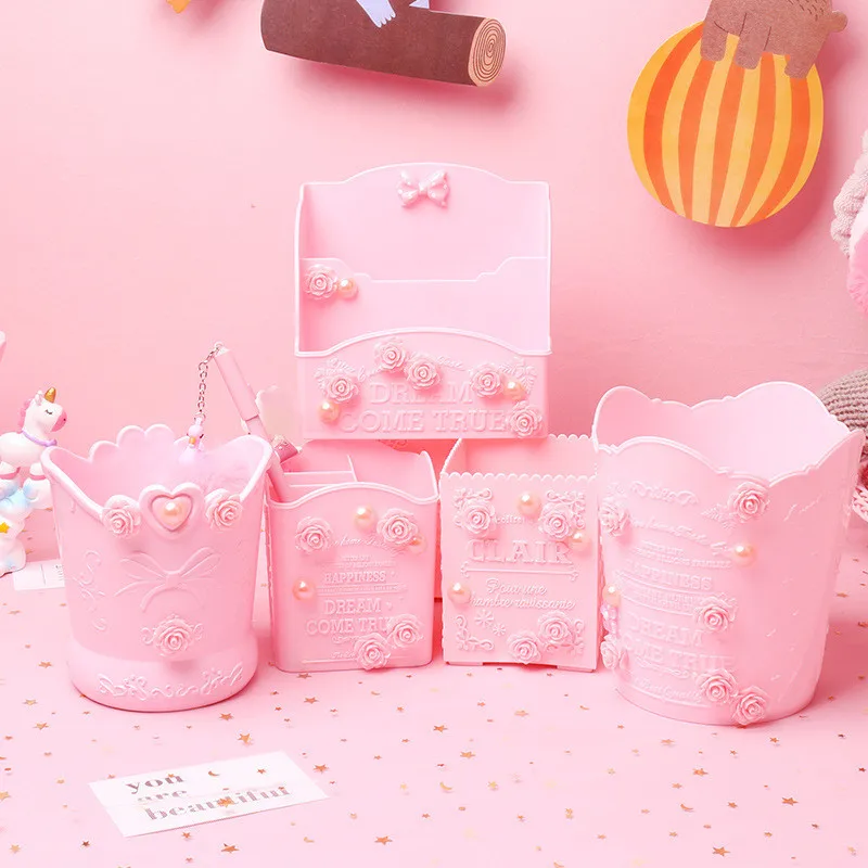 

Розовая Милая ручка карандаш держатель для девочек креативный DIY цветок розы косметический макияж коробка Orangizer студент рабочего стола разное ведро для хранения