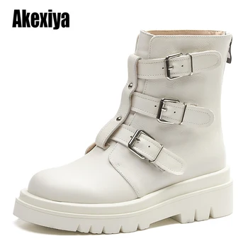 

Plus Size Ankle Boots 2020 Autumn Winter Women Genuine Leather black Platform Vintage Boots Flats Women fashion Boots u348