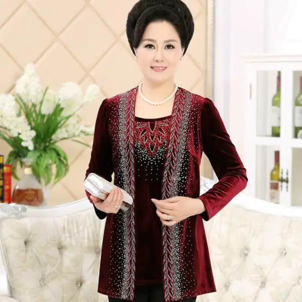 Velvet Top 2019 Spring Fall New Middle Age Mother Plus Size Women Fake Two Pieces Long Sleeve T-Shirt Diamond Pullovers DV507 | Женская