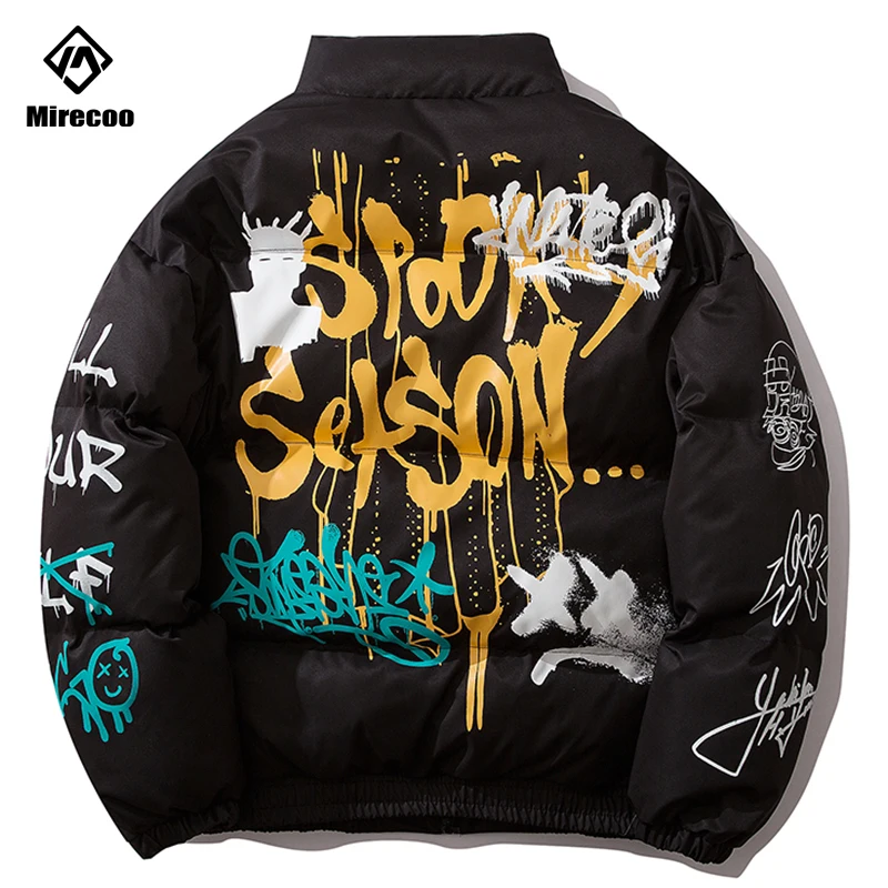 Padded Puffer Jacket Men Graffiti Print 
