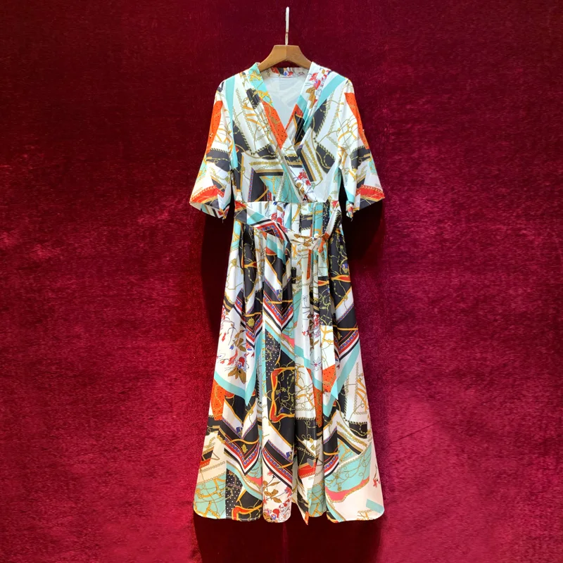 Vintage Style Women Long Dress V Neck Printed Ankle Length Big Swing Dress High Waist Fashion Sashes Clothes Feminina