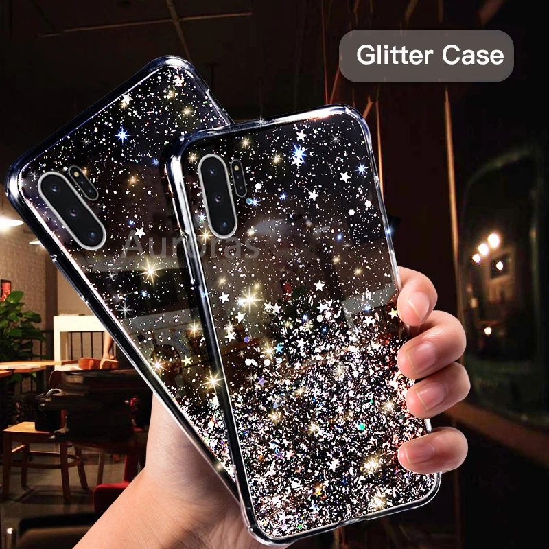 

Auroras For Samsung Galaxy Note 8 9 10 Plus Glitter Bling Sequins Case Starry Sky Transparent Soft Cover Full Stars Moon