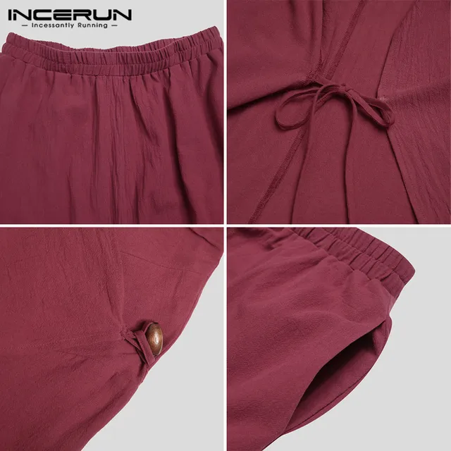 INCERUN Solid Color Men Sets Cotton Streetwear Turtleneck Long Sleeve Irregular Cloak Coats Drop Crotch Pants Vintage Mens Suits 6