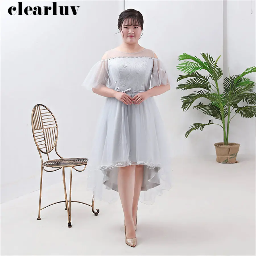 

Evening Dresses O-Neck Half Sleeve Women Party Dresses 2019 New Plus Size Short Front Long Back Robe De Soiree Evening Gown T201