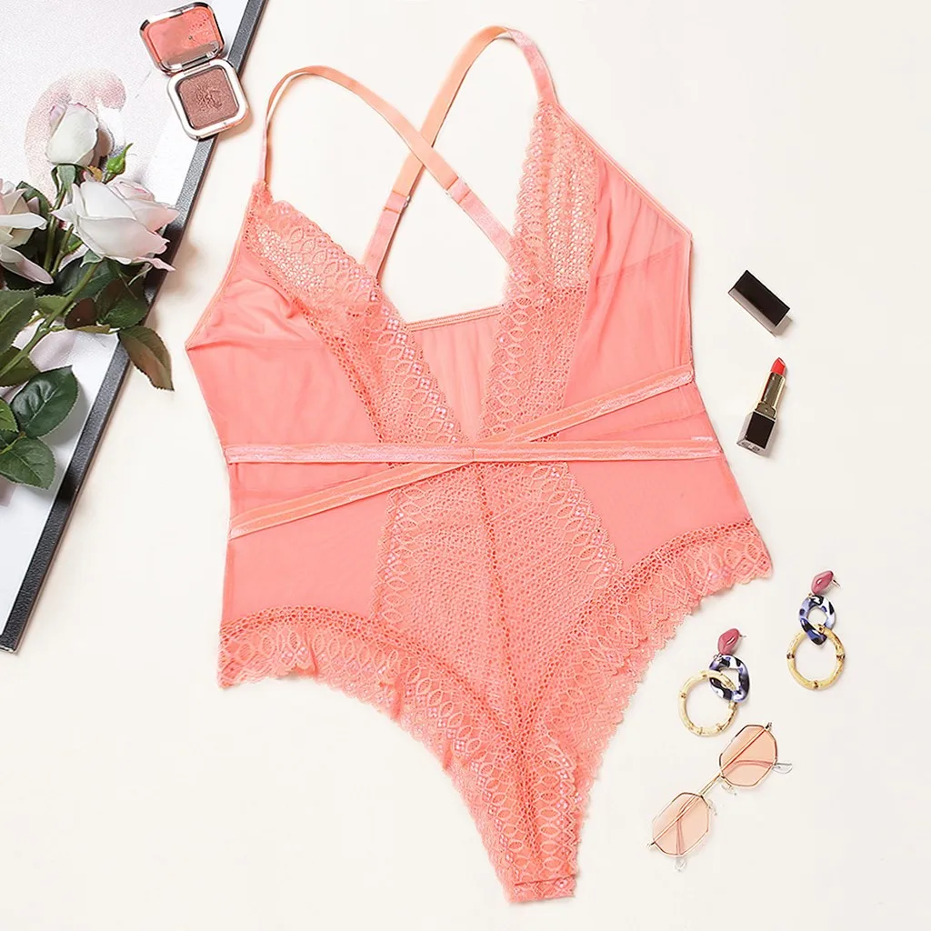 Сексуальное женское нижнее белье Babydoll, новинка, женское кружевное боди с глубоким v-образным вырезом, ремень, крест, открытая спина, костюм lingerieсe, женское нижнее белье