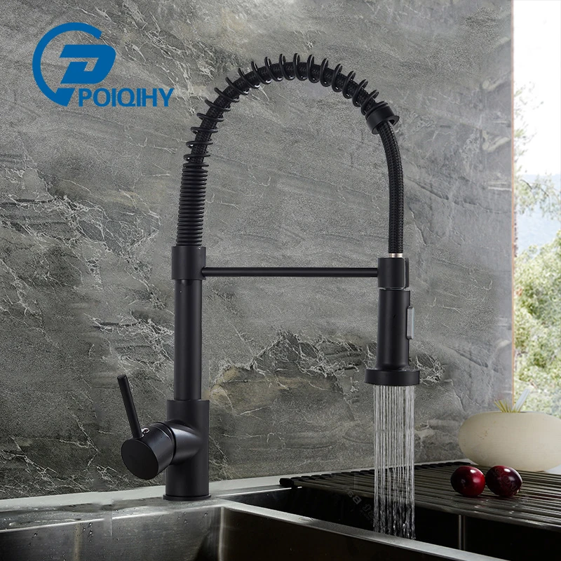 

Pull down Kitchen Faucet Black Deck Mounted Faucet 360 Rotation Dual Modes Brass Spout Single Handle Hot Cold Mixer Tap