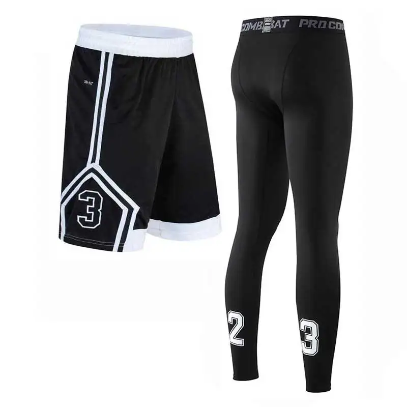 Мужские баскетбольные наборы, спортивные быстросохнущие тренировочные шорты+ колготки для мужчин, футбольные упражнения, Пешие прогулки, бега, фитнеса, йоги 172L - Цвет: 172 Black L