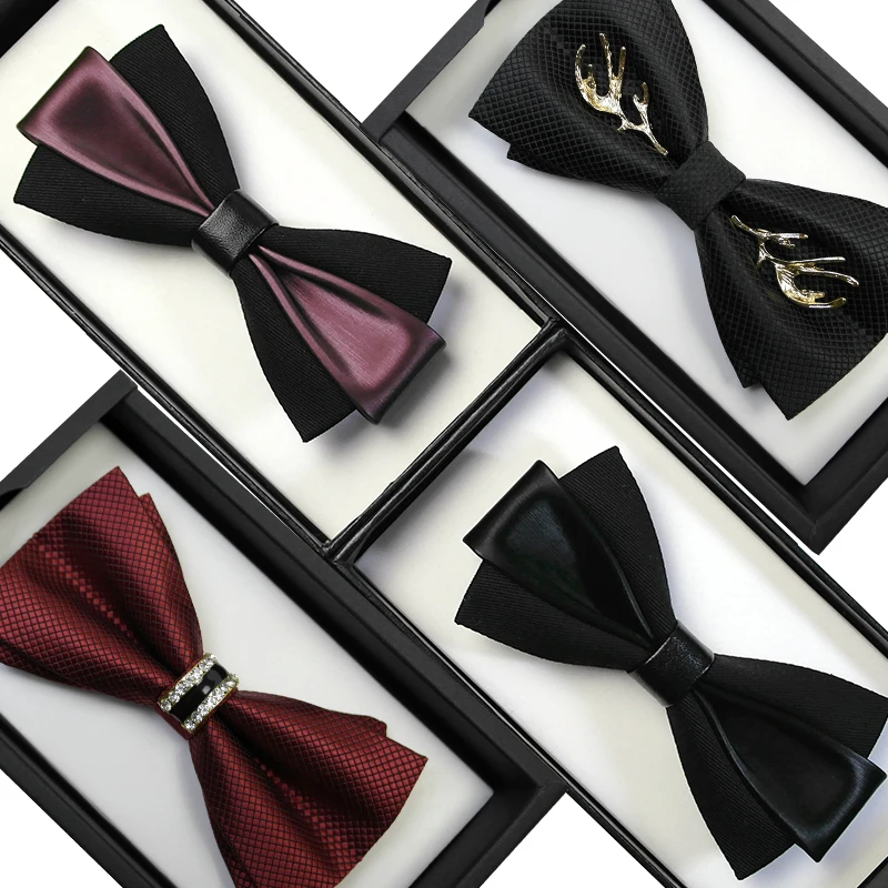 

Fashion Men's Bow Ties for Wedding Double Fabric PU Leather Diamond Bowtie High Quality Club Banquet Butterfly Tie with Gift Box
