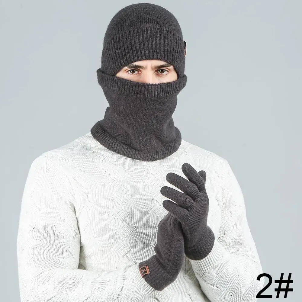 Теплый комплект из 3 предметов, зимние шапки, шарф, перчатки для мужчин, толстый хлопок, зимние аксессуары, набор женских мужских шапочки, шарф, перчатки - Цвет: b