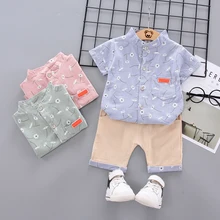 Летняя детская одежда, 2 предмета, одежда для маленьких мальчиков, Повседневная футболка с короткими рукавами и цветочным принтом, топы+ шорты, комплект костюмов