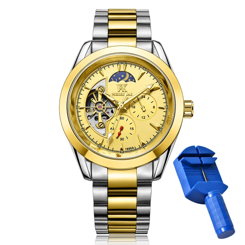 Automatic Mechanical Watches for Men Fashion Tourbillon Moon Phase Luminous Hands Stainless Steel Wristband Male Clock Gift 795 