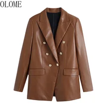 OLOME Chaqueta de piel sintética con botones para mujer, abrigo Vintage de manga larga con bolsillos y solapa, a la moda